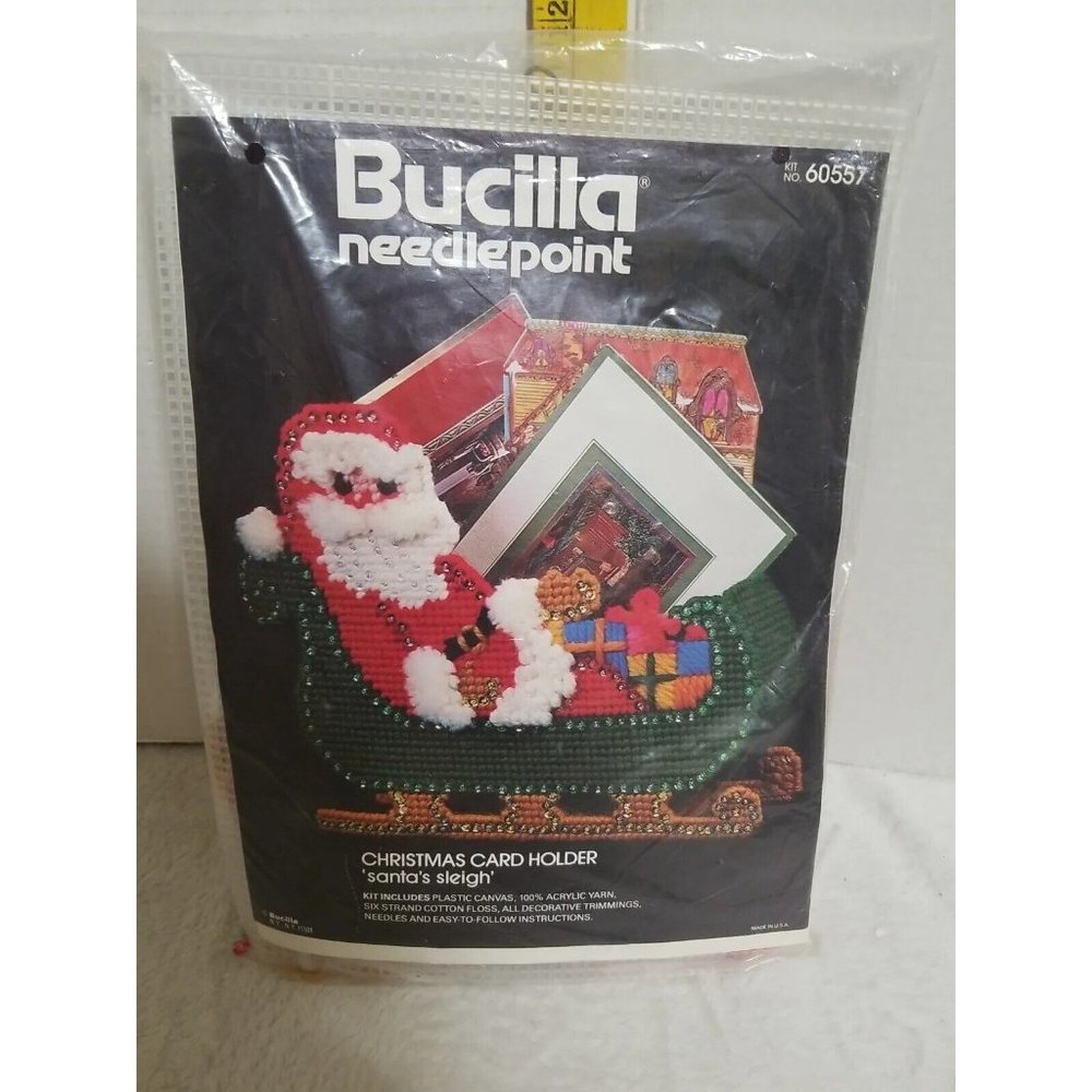 Bucilla Needlepoint Kit HERE COMES SANTA Sleigh Christmas Card Holder # 61032